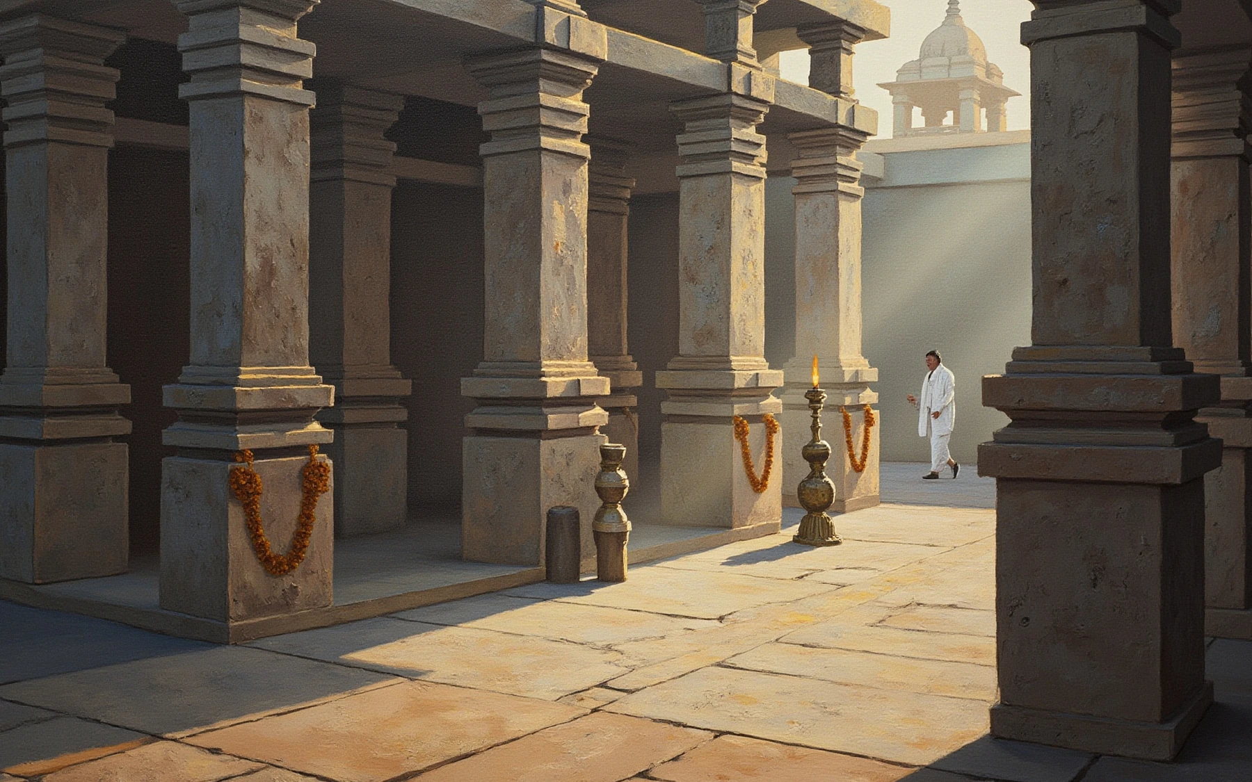 Pilgrims arriving at an Indian stone temple at dawn